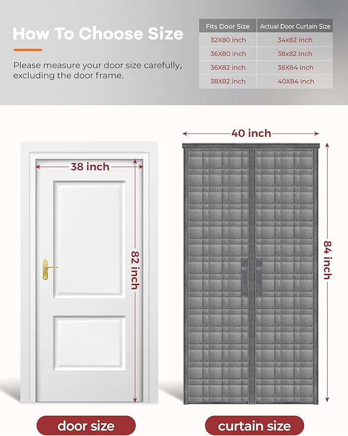 Thermal Door Curtain, Fit Size up to 38 x 82 Inches, Magnetic Insulated Door Curtains for Doorway/Front/Back/Basement, Oxford Cover with Thick Cotton to Keep Warm Winter, Grey, Rectangle