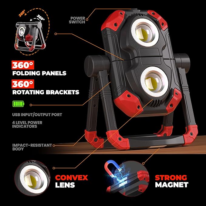 Yzoni 2 Pack LED Work Light Rechargeable, 2 COB 2500LM Folding Portable Flood Light with Magnetic Base and 360° Rotation Stand, Spotlights for Camping Car Repairing Emergency Job Site Lighting