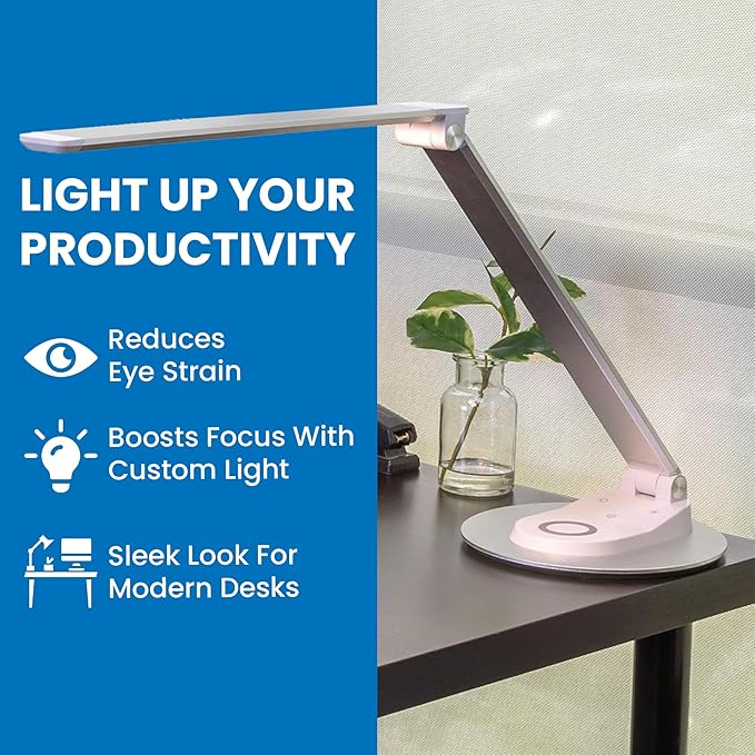 Mount-It! LED Desk Lamp with Wireless Charger and USB-C Charging Port, Dimmable Desk Lamp with 25 Brightness and Color Modes, for Home or Office, Adjustable Arm, Silver/White