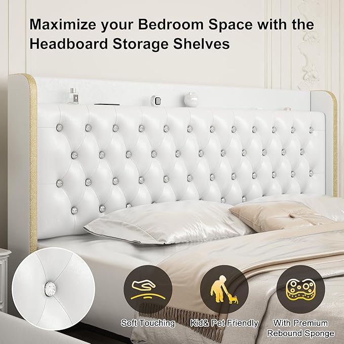 King Led Bed Frame with Galaxy Projector, Wingback Modern Platform, 4 Storage Drawers, USB Ports, No Box Spring Needed & Noise-Reduction Sturdy Wood Slats, PU White