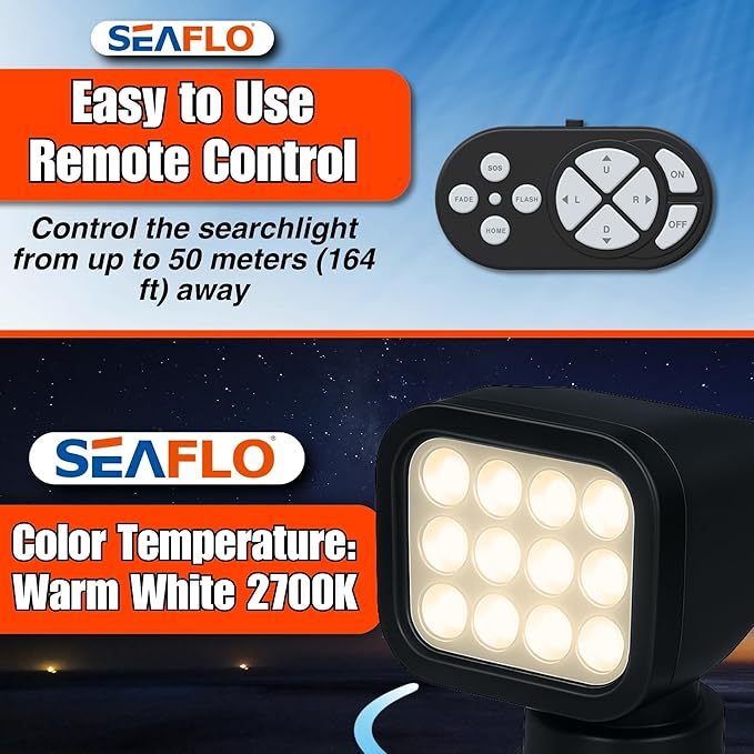 SEAFLO 360° Rotating Remote Control LED Searchlight, 10-30V, Auto-Reset, IP66 Waterproof, Marine Spotlight for Boats, Truck, Vehicles, CE & Rohs Certified (Wireless Remote/Black//Warm Light 2700K)
