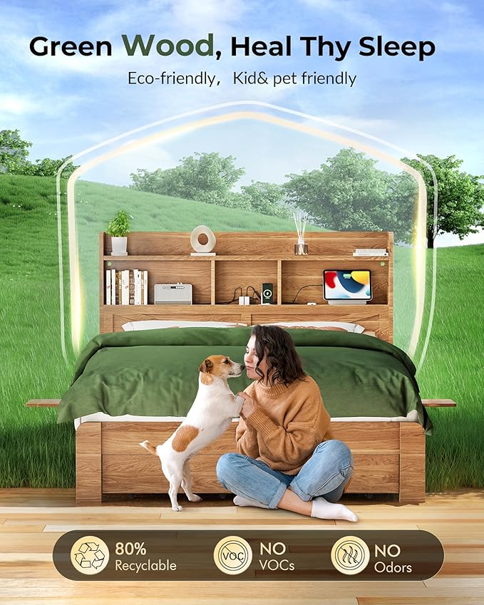 Queen Bed Frame with 2-Tier Storage Headboard, LED Lights, Charging Station, 2 Drawers, 900lbs Capacity, Wood & Metal Platform, Noise-Free, No Box Spring Needed, Barn Door Design
