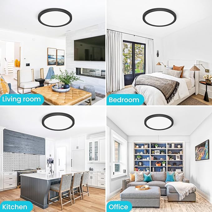 libtit 12 inch Flush Mount LED Ceiling Light Fixture, 3000K 4000K 6500K Adjustable, 28W 3200lm Black Round Lighting Fixtures for Bathroom Shower Hallway Kitchen, 4 Pack