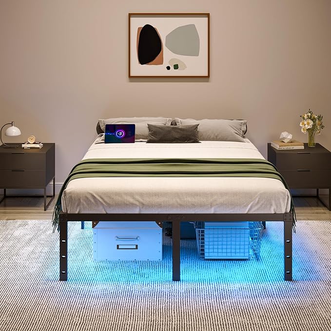 Queen Size Bed Frame with LED Lights & Charging Station - 18 Inch Heavy Duty Metal Platform Bed Frame No Box Spring Needed, Easy Assembly, No Noise