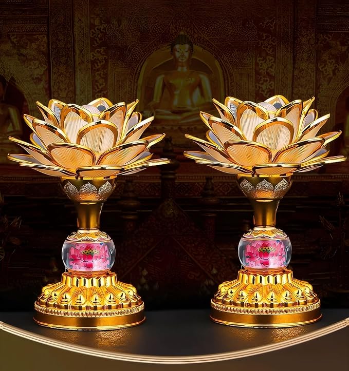 2 Pack Colorful LED Lotus Buddhist Lamp, Gradient Buddha Light for Worship, Prayer and Display, Low Power Consumption, Eco - Friendly Material for Buddha Occasions, Buddhist Supplies - Pink Gold