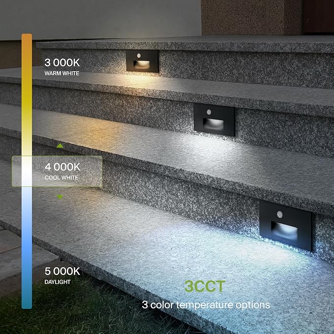 ASD LED Recessed Step Light Fixture, Outdoor & Indoor Stair Tread Lighting | 3CCT, Motion Sensor, Waterproof, ETL Listed | 3W 120LM 3000K-5000K 120V | Staircase Hardwired Illumination | Black, 4 Pack