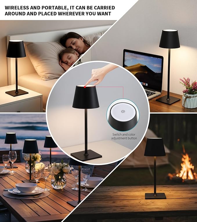 2 Pack Cordless Rechargeable LED Table Lamp with Dimmer 5000mAh Battery Operated Portable Night Light for Patio Balcony, Outdoor Bedroom & RV (Black)