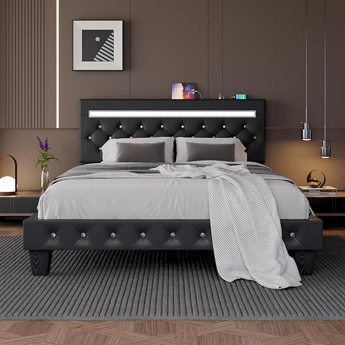 Full Size Bed Frame with LED Lights, Upholstered Platform Bed Frame, Faux Leather Adjustable Headboard with Charging Station, Wooden Slats Support, Easy Assembly, No Box Spring Needed, Black