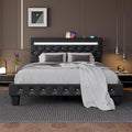 Full Size Bed Frame with LED Lights, Upholstered Platform Bed Frame, Faux Leather Adjustable Headboard with Charging Station, Wooden Slats Support, Easy Assembly, No Box Spring Needed, Black
