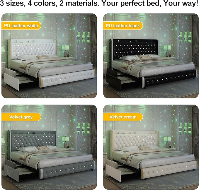 Full Led Bed Frame with Galaxy Projector, Wingback Modern Platform, 4 Storage Drawers, USB Ports, No Box Spring Needed & Noise-Reduction Sturdy Wood Slats, PU Black