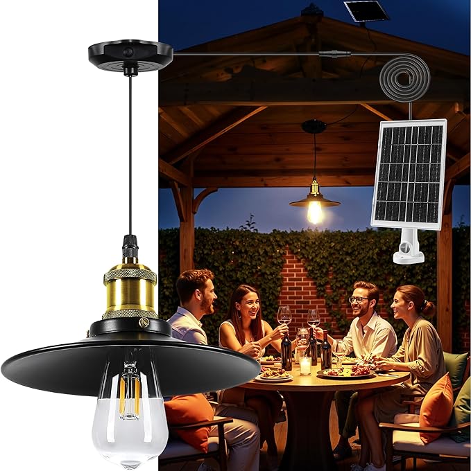Solar Pendant Light Indoor Outdoor, 1000LM Solar Shed Light IP65 Waterproof Metal Powered Hanging Chandelier, Gazebo Lights with Remote for Barn Gazebo Yard Garage Patio