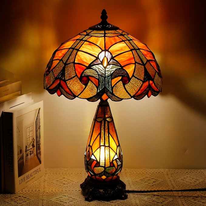 Tiffany Lamp Stained Glass Table Lamp 12X19 Inches Mother Daughter Vase Desk Accent Night Light for Bedroom Bedside Reading Home Antique Style (Red Stained)