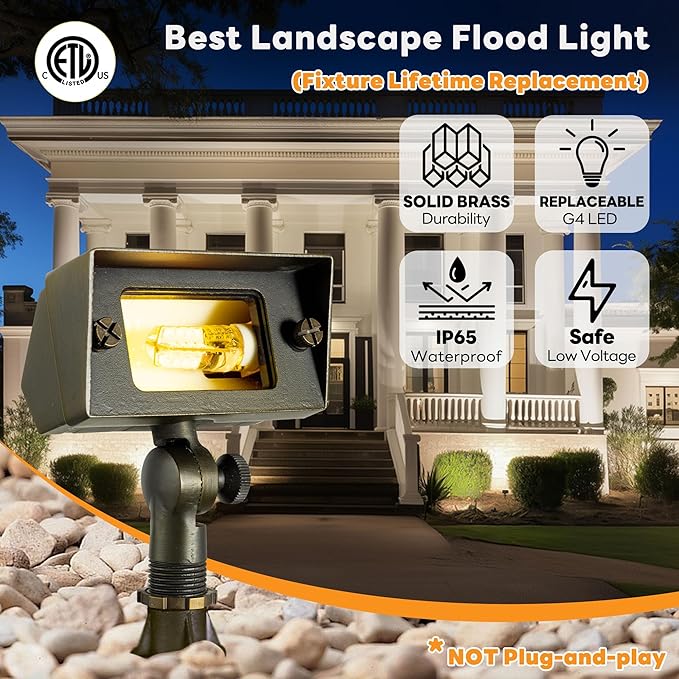 Gardenreet Outdoor Low Voltage Flood Light - Solid Brass Landscape 12V Wall Wash LED Light, Hardwired IP65 Waterproof, Antique Bronze Lighting for Yard Wall Tree House Without G4 Bulb 4 Pack