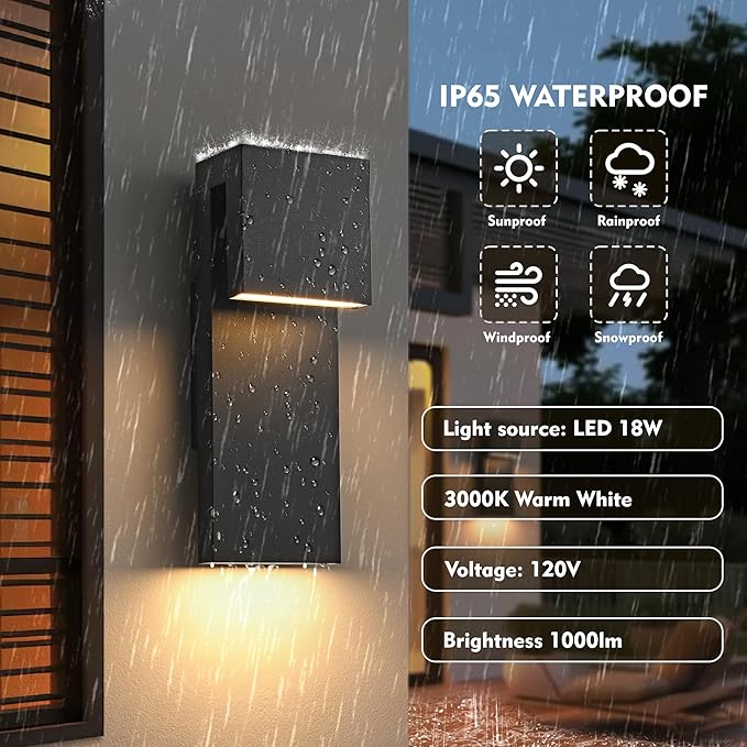 Modern LED Outdoor Wall Sconce 3000K 18W IP65 Waterproof Integrated LED Outdoor Wall Lights Anti Rust Black Porch Lights Exterior Lighting Outside Lights Fixture for Garage,Balcony,Backyard (1PACK)
