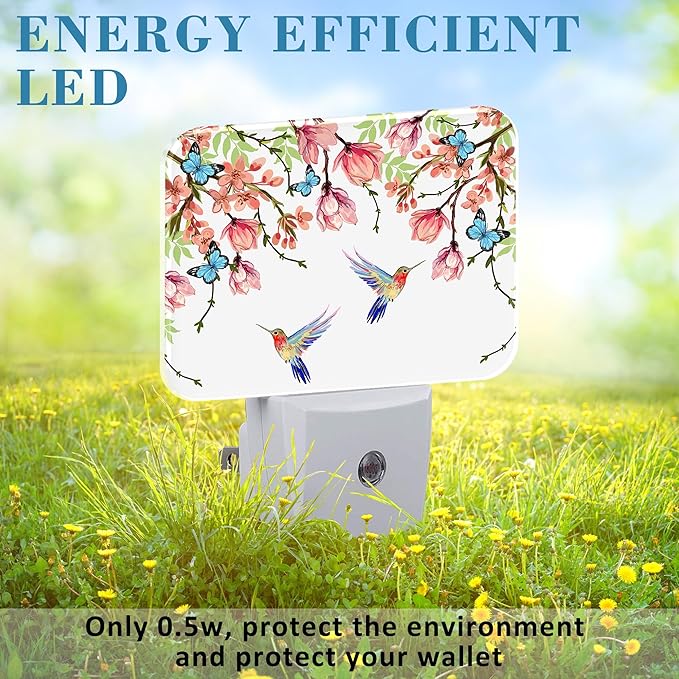 Hummingbird and Blue Butterfly Plug in Night Lights, Wisteria Flowers Nightlight Plug Into Wall Dusk to Dawn Sensor for Kid Girls Boys Women Bedroom,Hallway,Kitchen,Bathroom,Stairs Decor