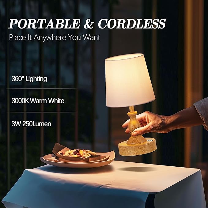 PARTPHONER Mini Cordless LED Table Lamp, 5200mAh Rechargeable Battery Operated Lamp, 3-Level Brightness, Touch Dimmable Desk Lamp, Bedside Night Light for Patio Camping Restaurant Home, Wood Grain