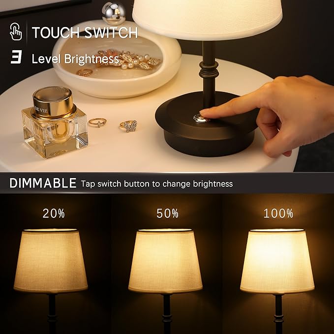 Mini – Cordless LED Table Lamp with Dimmer, Built-in Rechargeable Battery, 3-Level Brightness, Patio Table Lamp, Bedside Night Lamp, Ambient Light for Restaurant(Black)