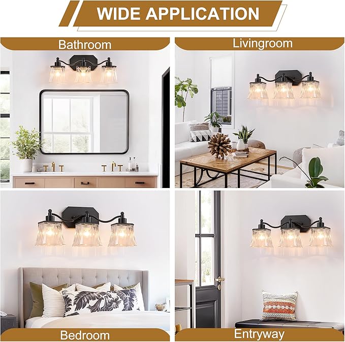 Bathroom Vanity Light Fixtures, 3-Light Vintage Matte Black Vanity Lights with Crystal Glass Shades, Farmhouse Bathroom Lighting Fixtures Over Mirror for Bathroom Bedroom Hallway