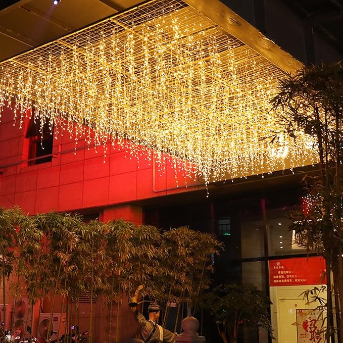 LED Icicle Christmas Lights, 16.4FT 216 LEDs Fairy Extendable Curtain 8 Modes Dangling Twinkle Novelty Hanging String Lights for Ceiling Garden Party Decorations, Warm White 5M