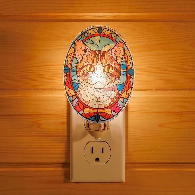 Cat Night Light Tabby Made with Real Glass Plug-in Vertical Outlet Bulb Included On/Off Switch Gift for Cat Lovers Pet Memorial