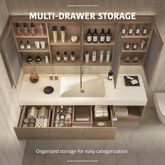 60" Modern Floating Bathroom Vanity Set with Sink, LED Smart Mirror Cabinet, 3 Soft-Close Drawers and Open Storage Shelves, Light Walnut