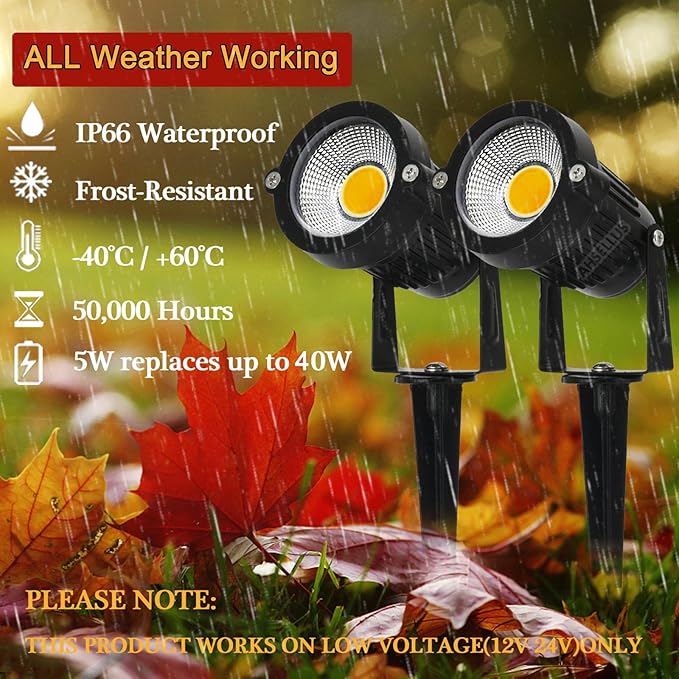 Low Voltage Landscape Lights Outdoor LED Spotlights Garden Spot Lights Outdoor Pathway Lighting 5W 12V 24V IP66 Waterproof Spike Flood Lighting for Tree(8 Pack)