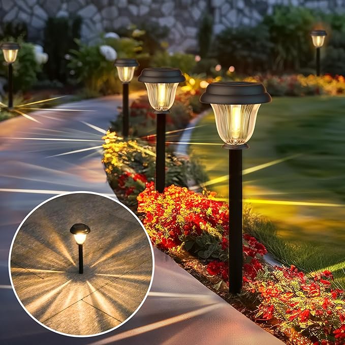 DERAYSION Solar Lights Outdoor 6 Pack, Stainless Steel Glass Solar Pathway Lights, Auto On/Off Long-Lasting Waterproof Landscape Lighting for Garden, Landscape, Path, Yard, Warkway (Warm White)