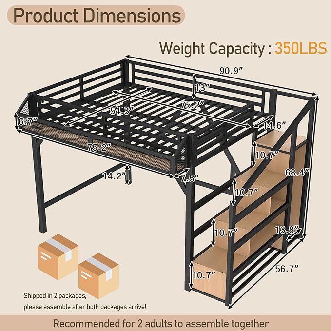 Bellemave Loft Bed Full Size with Storage Stairs, Beside Shelf & Wardrobe, Metal Full Size Loft Bed with USB Ports & LED Light, Large Under-Bed Space Loft Beds for Adults, Teens, Kids, Black Natural