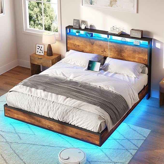 AMERLIFE Full Size Floating Bed Frame with 2-Tier Storage Headboard, Metal Bed Frame with Charging Station & LED Lights, No Box Spring Needed, Rustic Brown