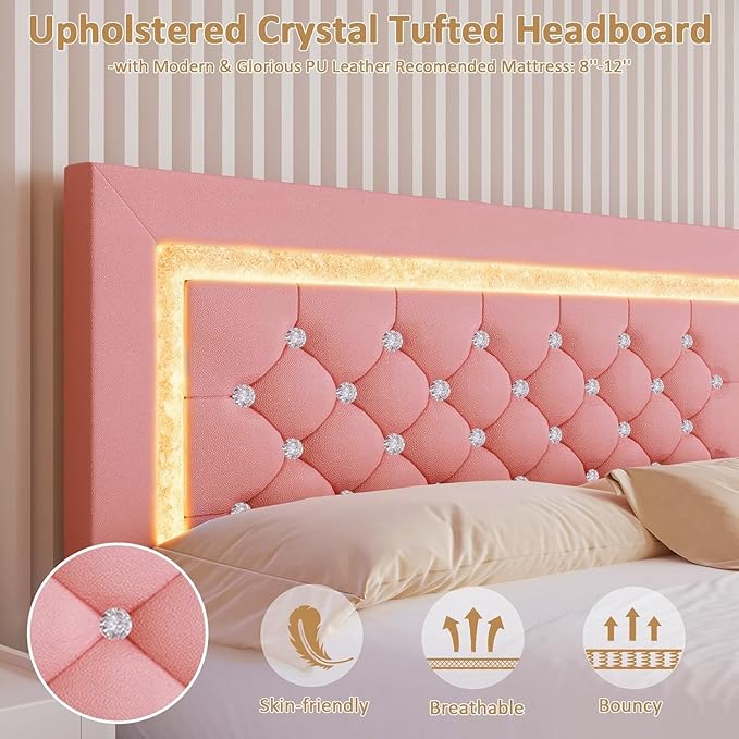 BarnFurin Floating Bed Frame King with LED Lights, Upholstered Platform Bed with Diamond Tufted Headboard, No Box Spring Needed, Noise Free, Easy Assembly, Pink