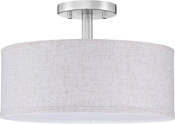 LED 18W Adjustable 3000/4000/5000K 12 Inch Drum Lenin Fabric Brushed Nickel Semi Flush Mount Close to Ceiling Light Fixture for Bedroom,Living Room,Dining Room Hallway