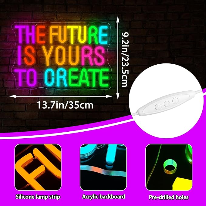 The Future Is Yours to Create Neon Sign for Wall Decor Dimmable Inspirational Slogan Neon Light for Man Cave LED Sign for Classroom Office Bedroom Library Birthday Gifts Art Size 13.7 * 9.2In(WZCP310)