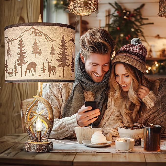 Scenekoy Antlers Style Table Lamp Set of 2 Rustic Bedside Lamp with Night Light Linen Fabric Shade Farmhouse Nightstand Lamps Decor for Living Room Bedroom House Home Office (Bulb Included)