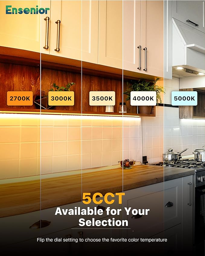 Ensenior 18 Inch Hand Wave Motion Sensor LED Under Cabinet Lighting with Hardwired or Plug-in Installation, Dimmable Under Counter Lights with 2.4G Wireless Control for Kitchen, 5CCT, 120V, 10W 650LM