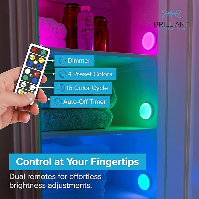Brilliant Evolution 6-Pack Wireless RGB LED Lights - Battery Operated Puck Lights with 2 Remotes - Color-Changing LED Under Cabinet Lighting - 55 Lumens Each Night Light for Cabinets, Shelves, Walls