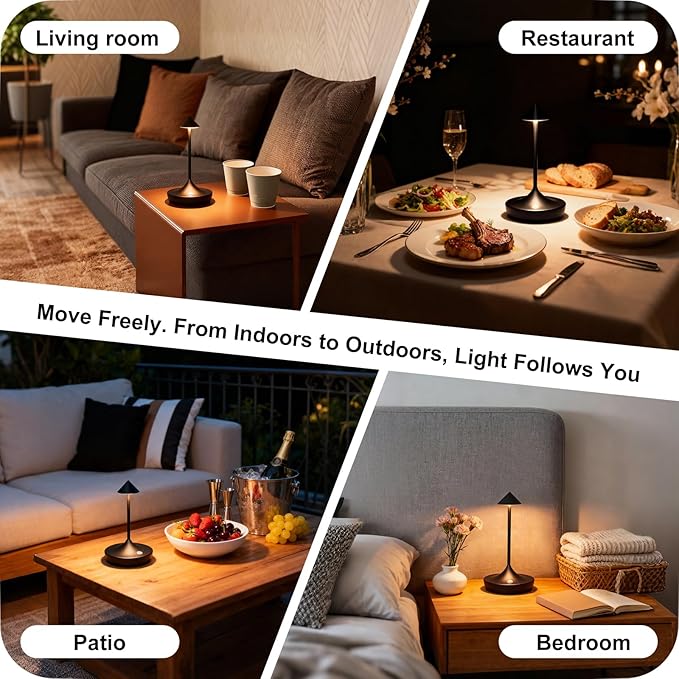 2-Pack Cordless Rechargeable LED Table Lamps, Metal, 3 Color Touch Stepless Dimmable, IP54 Waterproof Portable Battery Operated for Outdoor Dining Patio Restaurant Home Decor, Black