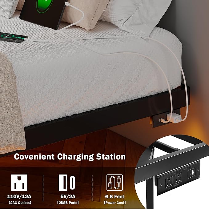 Full Size Floating Bed Frame with LED Lights and Charging Station, Metal Platform Bed Frame with Heavy Duty Steel Slats Support, Noise-Free, No Box Spring Needed, Easy Assembly