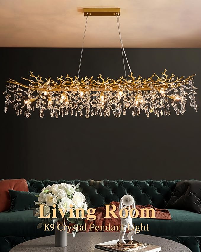 Modern Tree Branch Chandelier, 16 Lights Rectangular 59" Crystal Gold Chandeliers for Kitchen Island Dining Room Living Room