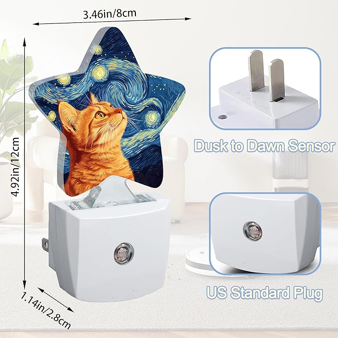 Starry Night Cat Night Lights Plug Into Wall,Abstract Oil Painting Star Night Light for Kids,Nightlight with Dusk to Dawn Smart Sensor for Bedroom Bathroom Decor,Children Women Men Gift