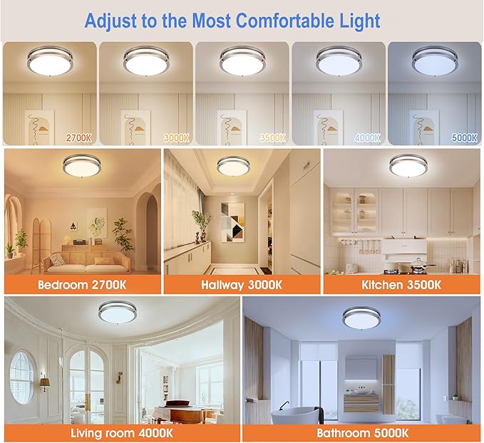 Drosbey 36W Dimmable LED Ceiling Light Fixture, Flush Mount Ceiling Lights for Kitchen, Bathroom, Bedroom, Hallway, 2700K/3000K/3500K/4000K/5000K Adjustable, 400W Equivalent, UL Listed