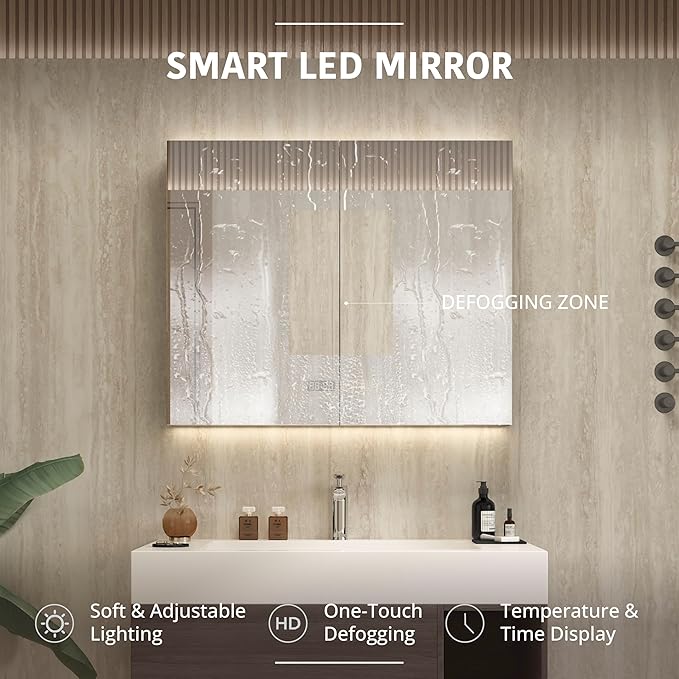 36" Modern Floating Bathroom Vanity Set with Sink, LED Smart Mirror Cabinet, Soft-Close Drawer and Open Storage Shelves, Grey Oak