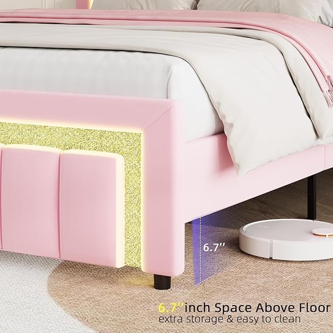 HOMBCK Bed Frame King with LED Lights and Velvet Upholstered Headboard, King Size Bed Frame with Modern Diamond Headboard Adjustable, Wooden Slats Support, Noise Free, No Box Spring Needed, Pink