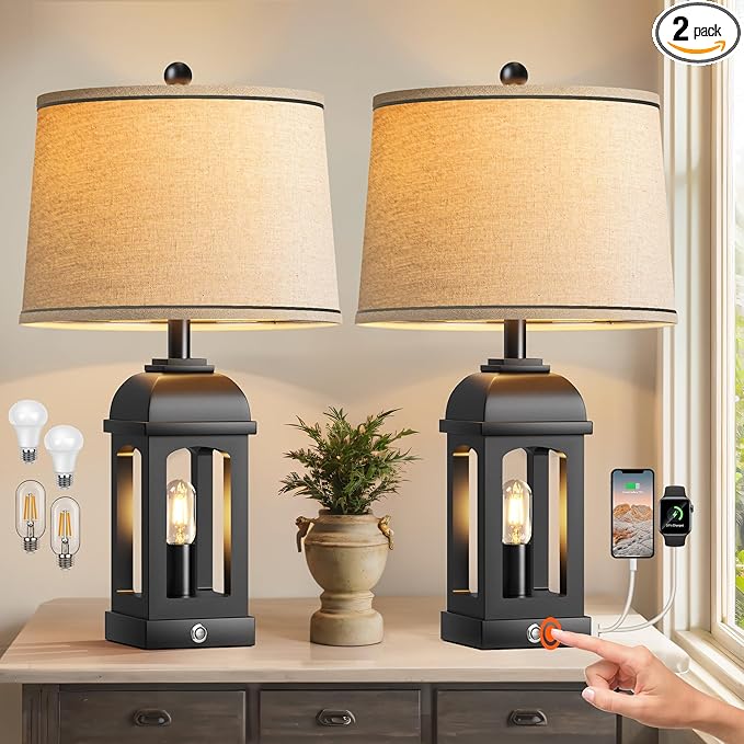 QiMH Table Lamp for Living Room, Farmhouse Lamps Set of 2 with USB A+C and Nightlight, 26" Rustic Bedside Lamps with 3-Way Dimmable Touch Control, Nightstand Lamp for Bedroom Decor, Black