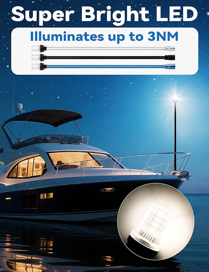 BLUEWING 30in Anchor Light 3 Nautical Mile LED Marine Navigation Stern Light for Fishing Boat (12-24V), Silver