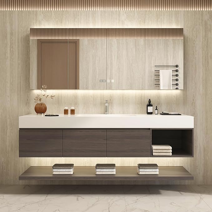 84" Modern Floating Bathroom Vanity Set with Sink, LED Smart Mirror Cabinet, 3 Soft-Close Drawers and Open Storage Shelves, Grey Oak