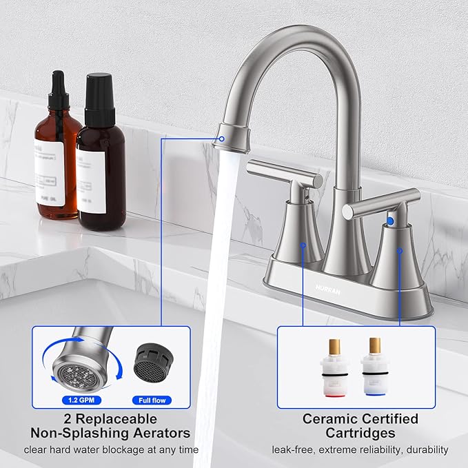 Bathroom Faucets for Sink 3 Hole, Hurran 4 inch Brushed Nickel Bathroom Sink Faucet with Pop-up Drain and Supply Lines, Stainless Steel Centerset Faucets for Sink Vanity RV
