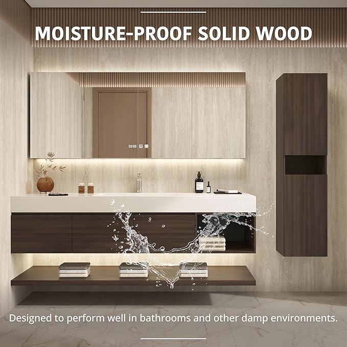 72" Modern Floating Bathroom Vanity Set with Sink, Side Cabinet, LED Smart Mirror Cabinet, 3 Soft-Close Drawers & Open Storage Shelves, Walnut