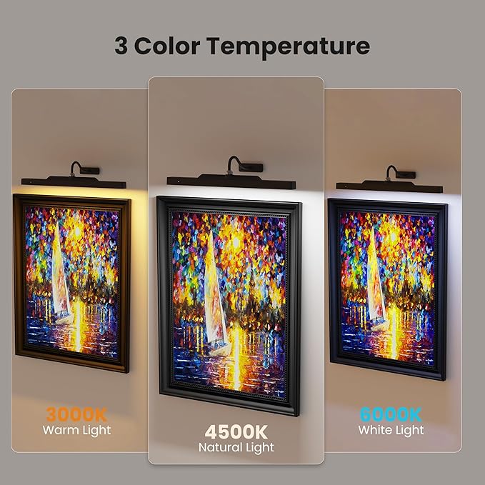 3Pack Picture Light Battery Operated, 16in Picture Light for Wall, 5000mAh Cordless Wall Lights with Controller,Art Light with Dimmable Cordless for Wall Painting,Frame, Portrait, Dartboard- Black