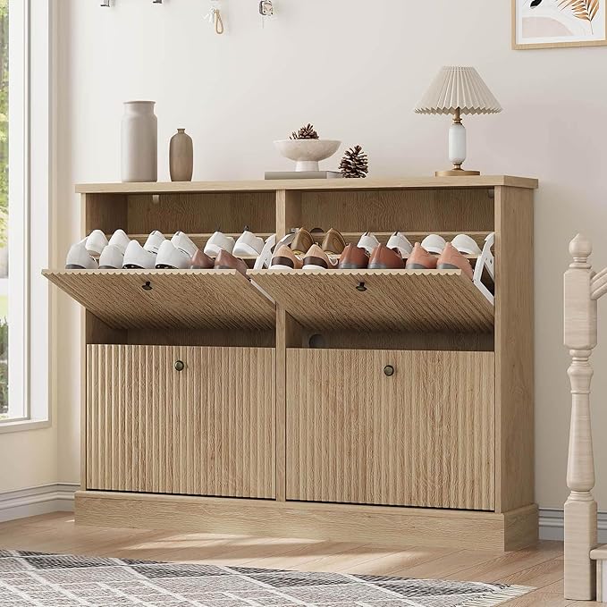 GarveeHome Shoe Cabinet with 4 Flip Drawers, Hidden Wooden Fluted Shoe Cabinet with Adjustable Shelf, Freestanding Shoe Storage Cabinet for Entryway Hallway, Living Room, Natural Oak