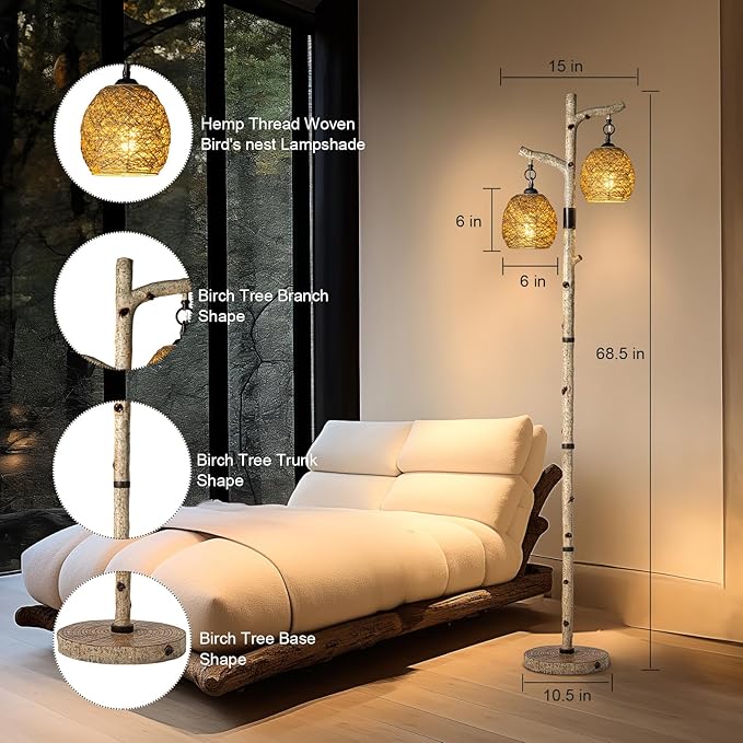 Scenekoy 68.5" Rustic Farmhouse Remote Control Switch Birch Tree Floor lamp with Bird Nest Lantern Shade Vintage Standing Lamp for Living Room Bedroom Hotel Bar Office Wood House(Bulb Included)